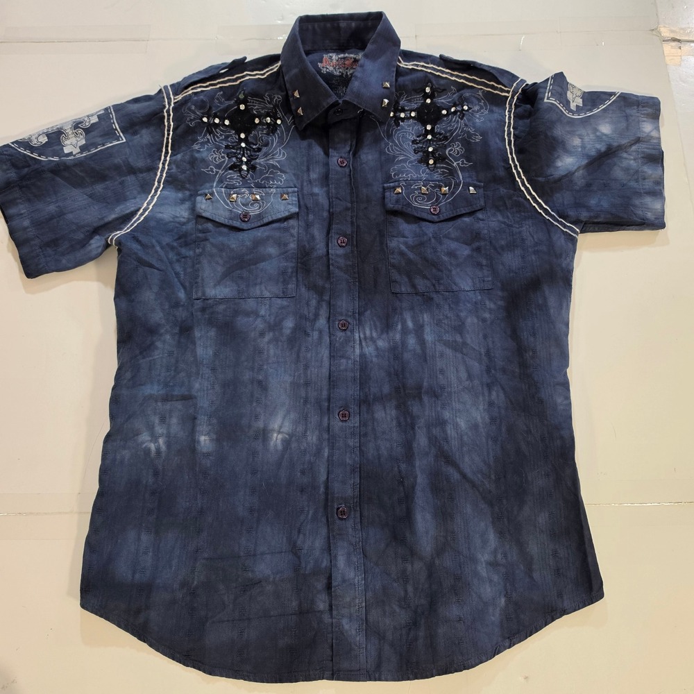 Anti Social Mens Blue Acid Wash Gothic Cross Studded Button Down Shirt Medium
